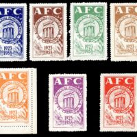 Spain - poster stamps issued in 1958 to commemorate the 35th anniversary of the founding of Agrupación Fotográfica de Cataluña (Photography Association of Catalonia), known in the Catalan language as Agrupació Fotogràfica de Catalunya. These stamps depict the group's logo, with the initials A.F.C. above and the dates 1923 1958 below. The organization is still very active.