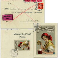 Cover mailed from Brauerei E.F.Peschl to Martha Peschl at the boarding school "Marienheim" in 1929. Martha was the daughter of Eduard F. II Peschl, the owner of Brauerei Peschl until poor health caused him to hand over management, in 1929, to his son, Eduard F. III Peschl, a philatelist who probably arranged for the earlier production of the poster stamp on the cover.