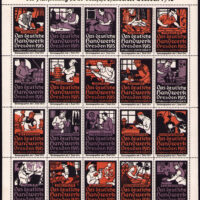 First Series of official Seals of The German Crafts Exposition, Dresden 1915. Pane is 8.6” x 10.3”; 20 stamps showing different crafts starting with mason and tailor at the top and construction worker and butcher at bottom. Painter and sculptor are included, but not printer or engraver. Artist initials GH; imprint Kunstanstalt Wilhelm Hoffman, Dresden.