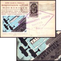 Poster Stamp on matching postcard for “Azure Events” Grand Aviation Day, 8 July 1934. Air show events are listed at Taliedo, a district of Milano with major airport. The card is violet stamped for the event with the name Giulio Landmans, a publisher of aviation-related items, including a catalog available on this website.