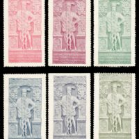 Austria Poster Stamps - Braunau am Inn - Agricultural, Forestry and Commercial Exhibition held September 1-4, 1912.
The stamps depict a bas-relief statue of Hans Staininger (1508–1567), burgermeister (mayor) of Braunau, who had a very long beard which caused his death when he tripped over it and broke his neck.