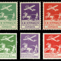 Denmark - Poster stamps issued by stamp dealer A. W. Hermansen of Horsens. He modeled his stamps after the newly issued Danish Airmail stamps issued in 1925-26. Since the other two stamps in the set were not issued until 1929, these poster stamps were probably issued between 1926 and 1929.
