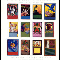 Full page ad from The Printing Art magazine, 1915; size 8.7 x 11. 7 (trimmed edges); Ad text is in grey ink: printed in three colors/ Printers! Create Business for yourselves by getting your clients to use Poster Stamps/ Duplicate sets of plates any of above designs sold for $7.50/ Special designs made to order/Photo-Chromotype Engraving Co., Philadelphia, Pa.