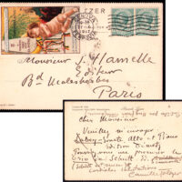 Postcard mailed from Genoa, Italy to Paris during WW1. Address side has a French made propaganda stamp: Don’t buy German products! We must remember! The Prussian is not born cruel, but the culture will make him ferocious. Goethe. The message is in French, offering 2 (sheet) music pieces for sale.