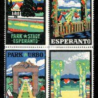 Emil Pirchan (1884-1957) was noted for his bold colors and designs. Here is a group of four stamps depicting a city park with text in Esperanto, plus the classic Verda Stela. Coincidentally, the section about Esperanto on stamps in our companion website Alphabetilately has been repaired, with broken links restored, but more content would be welcome. Visit it at www.alphabetilately.org/Esperanto/.