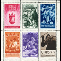 Denmark - Carl Aller's Etablissement was founded in 1873, and eventually became a large media conglomerate. In the c1940s CAE produced a series of 36 poster stamps promoting their various branches. The stamps were printed in sheets of 6 and followed an unusual order. See more about the firm and the stamps at: https://www.dkcinderellas.com/a.html#Aller