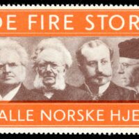 Norway poster stamp depicting "De Fire Store" - The Four Greats of Norwegian literature. The stamp has portraits of Bjørnstjerne Martinius Bjørnson, Henrik Johan Ibsen, Alexander Lange Kielland, and Jonas Lauritz Idemil Lie, with text "I alle norske hjem" (In every Norwegian home) at the bottom. Originally a publicity gimmick introduced by their publisher, Gyldendal, the term stuck and is still widely used for these writers. March 27, 2026