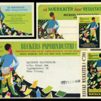 Denmark - Beckers Papirindustri A/S, a subsidiary of F. E. Bording, took over production of the iconic Mærkater (Labels) in 1949. This group c. mid-1950s shows the creative re-use of a stylized image of a farmer. The tagline on all of them reads "Sow Labels Reap Results".