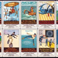 1913 pane of 10 stamps advertising Fischer Corp. Ball-bearing factory of Schweinfurt. noted Series 3, #1-10 in bottom margin. Overall size 9.15 by 5.85 inches.