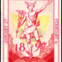 Stamp for the 1897 Gas Industry Exposition. The stamp is 38 mm wide by 50 mm tall. Ink colors are red, pinkish red, yellow and bluish gray. The gray bottom inscription is “Copyright 1896 by the Gas Industries Company”. Rated RR, a rare US multicolor stamp before 1900.