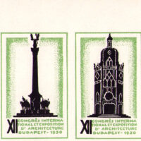 1930 Congress of Architecture in Budapest, shown is a strip cropped from a full pane of 12. Imperforate sheet, no text in margins. Full sheet size 7.9” x 8.2” inches, individual stamp 1.5” x 2.25”. Four historic sites in Budapest shown.