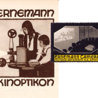 Ernemann Camera Co. (1888-1926) made some of the earliest cameras and by 1908 began producing movie cameras & projectors, including some for amateur home use. Print of a Ludwing Hohlwein ad of 1920-26 for Ernemann “Kinopticon”, and Poster Stamp circa 1913 showing a movie theater (from a set of 12).